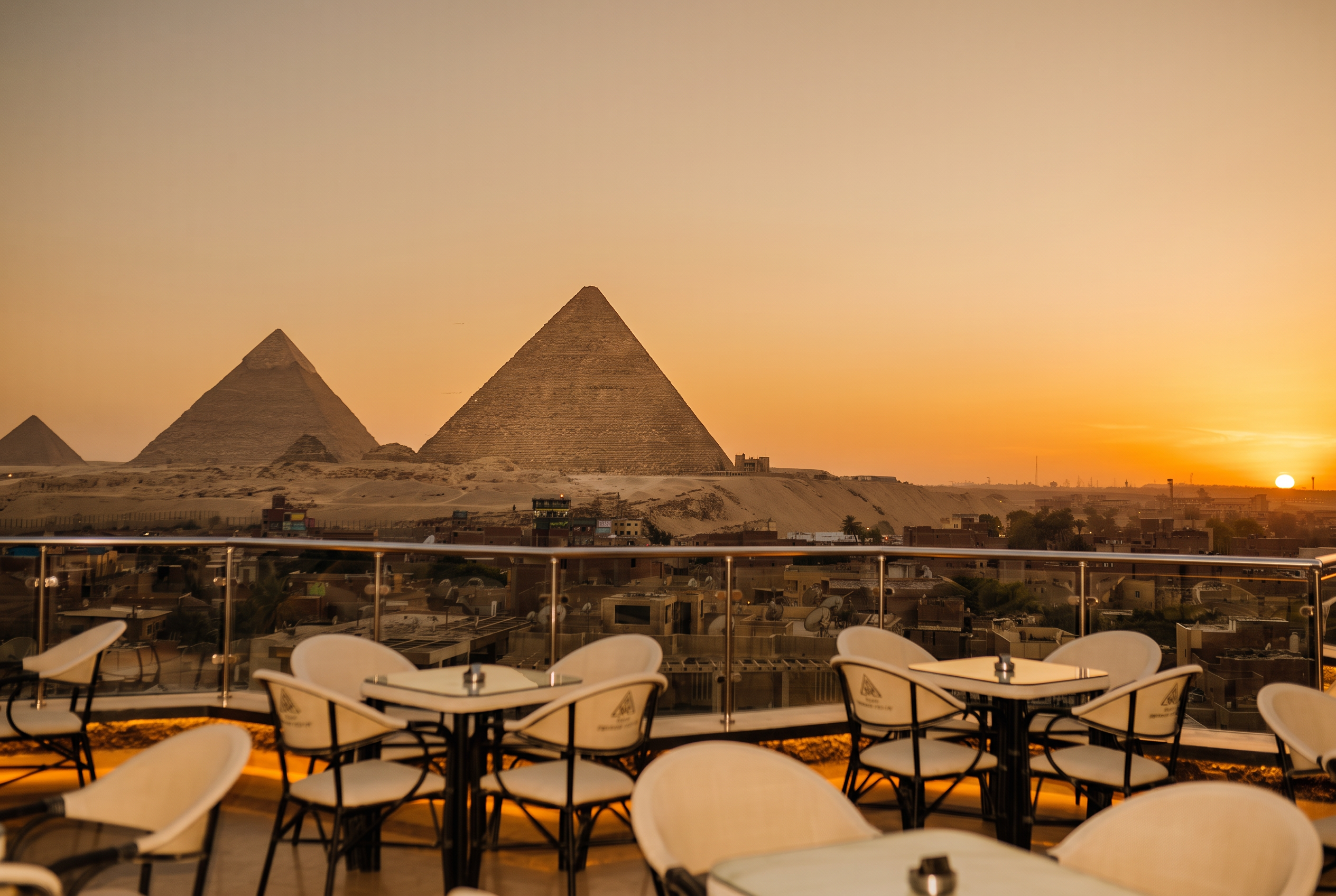 The pyramids of Giza at sunset from the hotel rooftop